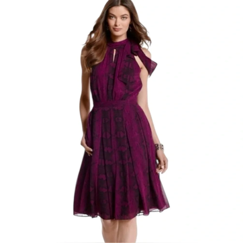 WHBM Fit & Flare Amethyst snake print Sleeveless halter Tie neck chiffon Dress - Picture 1 of 11